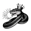 friendly snake wearing a crown eating the words "let them" with a sun tattoo design idea