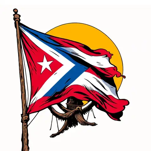 A Cuban flag waving around an aged mast, with a rising sun behind symbolizing hope. tattoo design idea