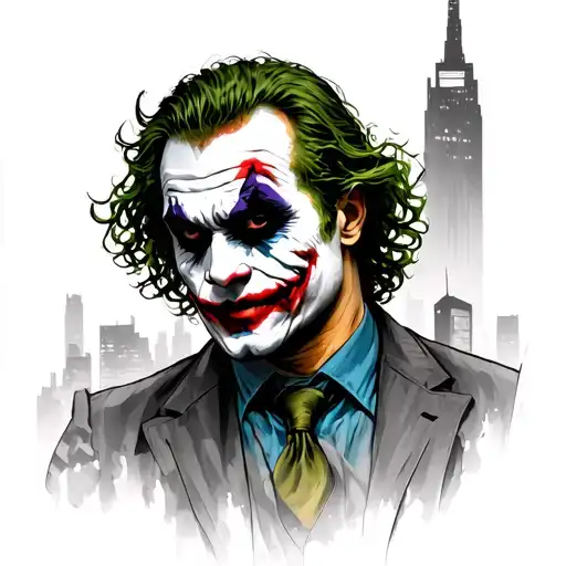 heath ledger joker with Gotham City skyline tattoo design idea