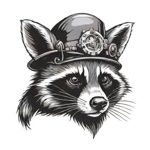 raccoon head with steampunk hat surrounded tattoo design idea