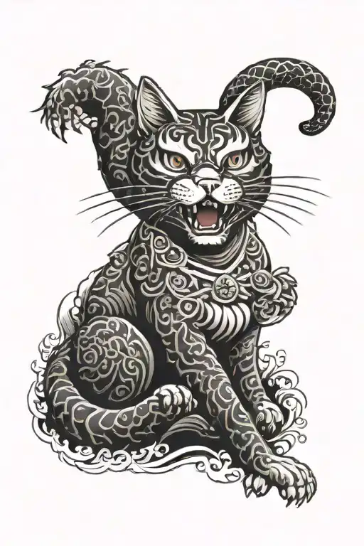 traditional japanese tattoo with the head of a white hissing cat tattoo design idea