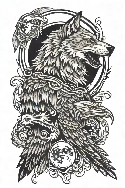 wolf, eagle,moon tattoo design idea