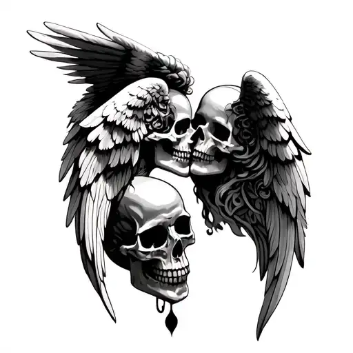 angel kissing skull soft shading tattoo design idea