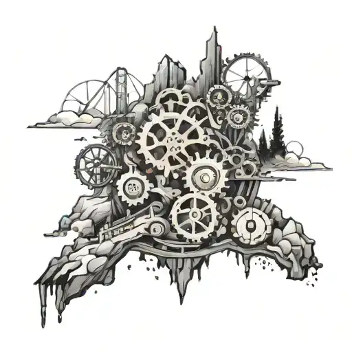 Intricate gears and tools forming a mountain scene tattoo design idea