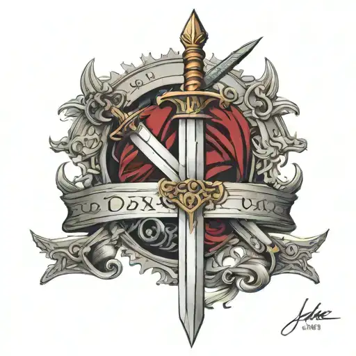 a tattoo of the sword of damocles where "Ὁ τολμῶν νικᾷ" is written on the blade tattoo design idea