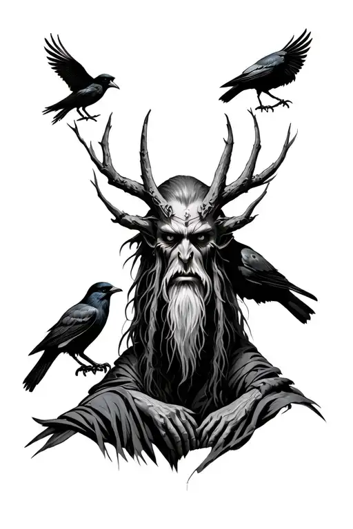 Leshy, in a forest, peaceful with 2 crows. inspired by the witcher version tattoo design idea