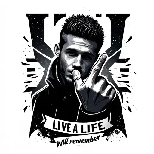 avicii logo with his signature hand gesture behind and above it should be a text saying "live a life you will remember" tattoo design idea