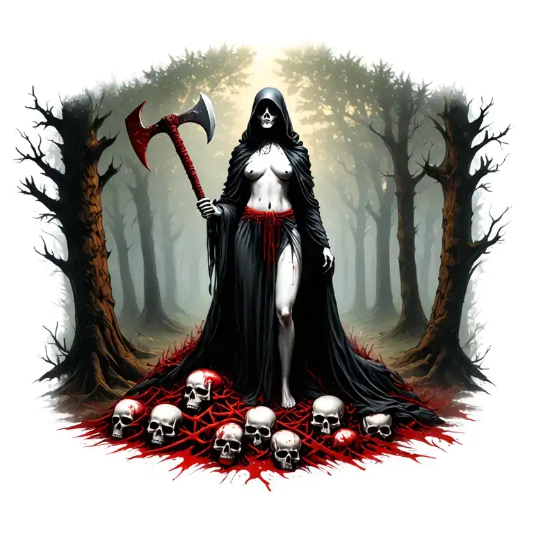 topless female grim reaper standing on a pile of bloody skulls in the woods holding a tomahawk and a severd head tattoo design idea