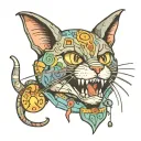 cat with a moth in its teeth tattoo design idea