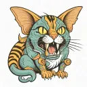 cat with a moth in its teeth tattoo design idea