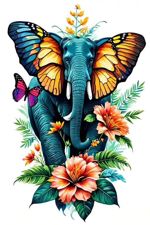tropical flowers, multiple butterflies, elephants walking out of flowers symbolizing guidance tattoo design idea