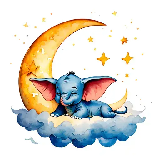 Dumbo laying on a half moon with his eyes closed, stars around the moon and the moon sits on a cloud  tattoo design idea