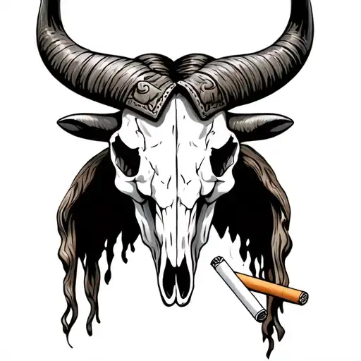 western long horn bull skull with cigarettes and 2004  tattoo design idea