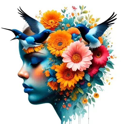 Expand this tattoo into a surreal and original composition combining a human face partly made of flowers, with birds or  tattoo design idea