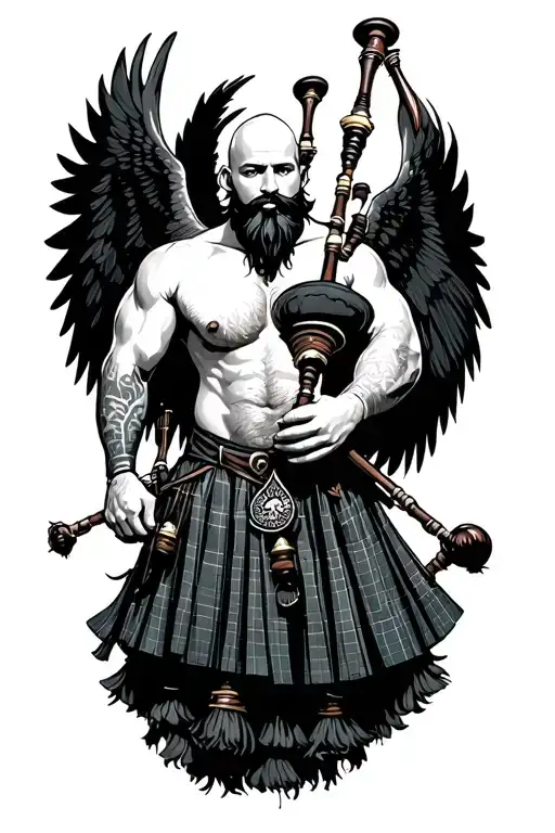 legless shirtless muscular bagpiper bald black beard playing bagpipes huge black wings tattoo design idea