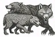 honey badger fighting wolf surrounded tattoo design idea
