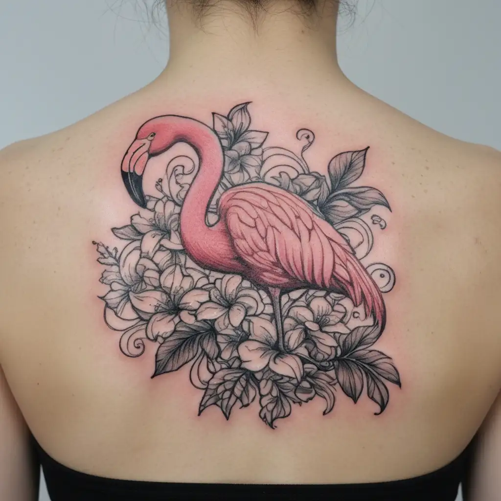 flamingo with flowers growing tattoo design idea