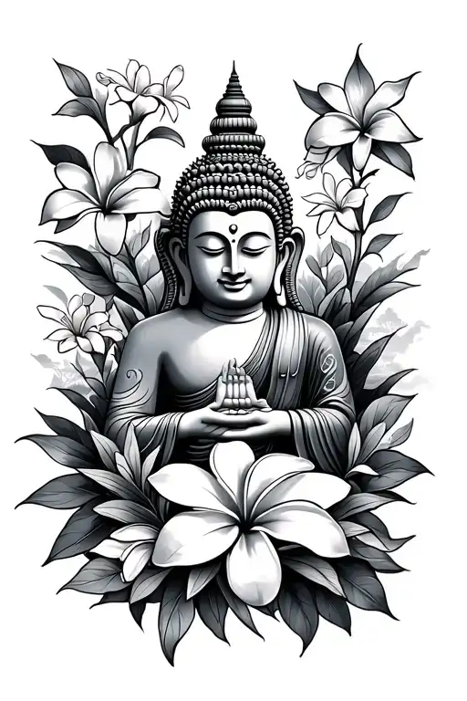 Laos and Thailand landscape, Buddha and plumeria flowers tattoo design idea