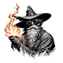 Wizard wearing welding goggles casting fire tattoo design idea