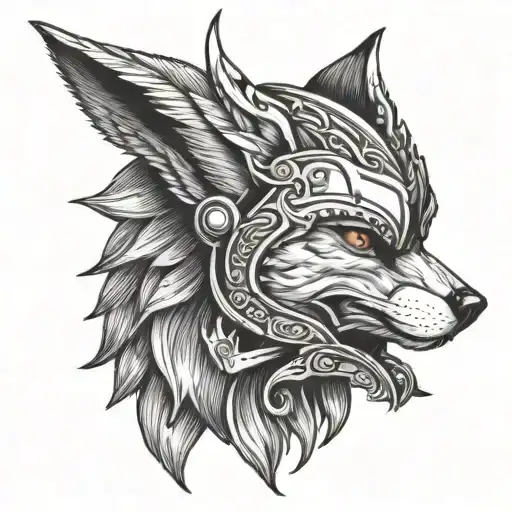 a red fox wearing a valkyrie helmet with wings on it, badass ,side profile,3/4 side profile tattoo design idea