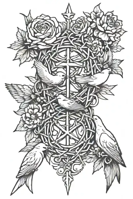 crown of thorns with three doves with one carnation flower one daffodil flower one marigold flower one narcissus flower tattoo design idea