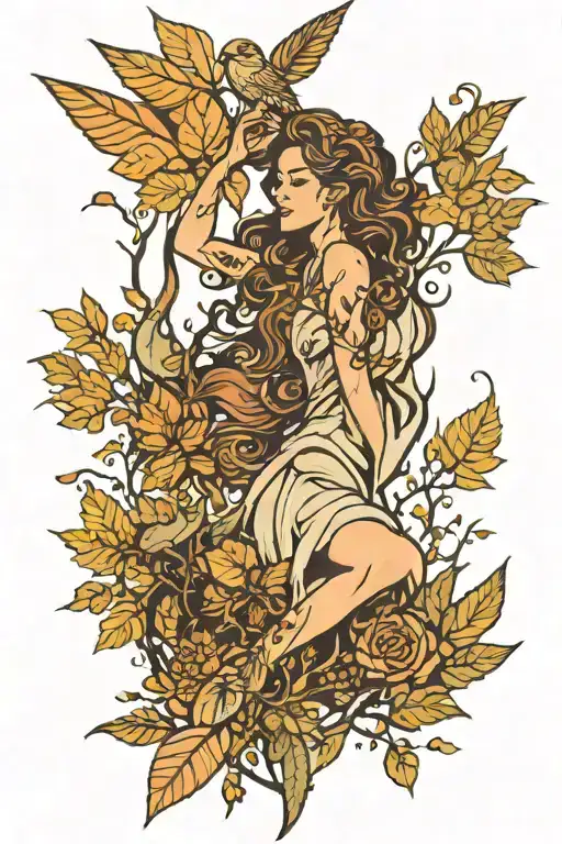 women trees leaves earthy power strength fly away tattoo design idea