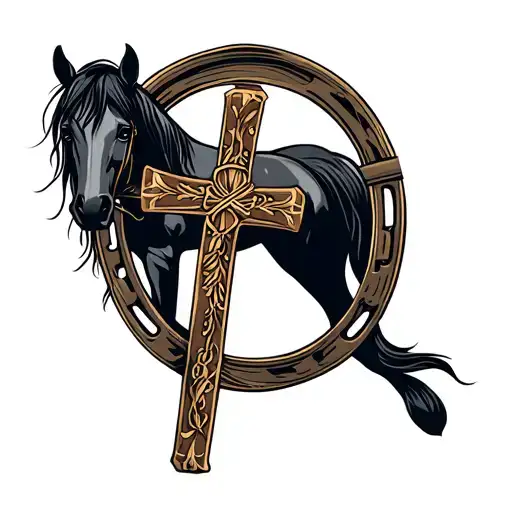 cross and horseshoe horse tattoo design idea