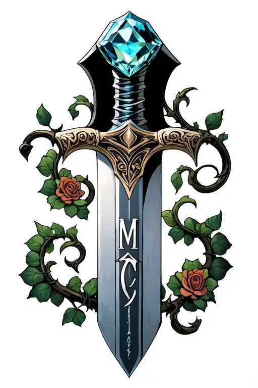 sword with curved fuller in a large stone, "MMC" hidden in the handle, rose vines wrap the blade tattoo design idea