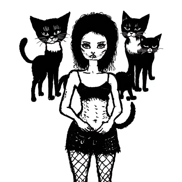 woman punk with gang of cats tattoo design idea
