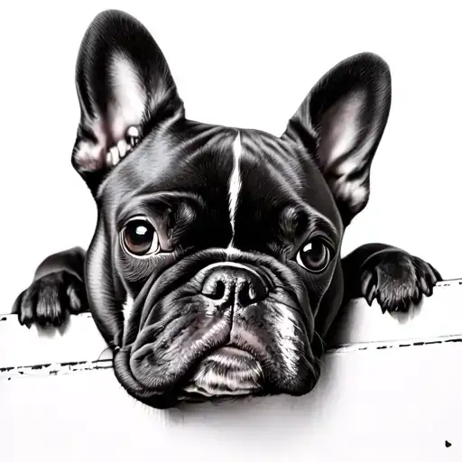 hyper-realistic black-and-grey tattoo of a French Bulldog peeking over a surface and its head is resting just above tattoo design idea