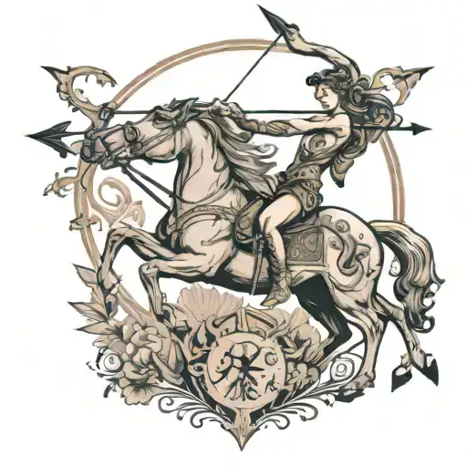 Sagittarius centaur shooting arrow, upper body of woman, low body of horse tattoo design idea