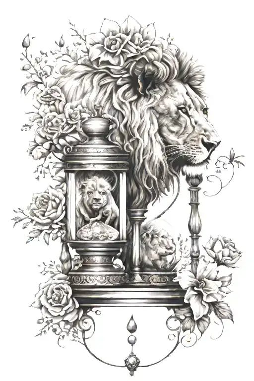 a lion at the bottom, flowers at the top, an hourglass somewhere, and the quote "take the risk or lose the chance" tattoo design idea