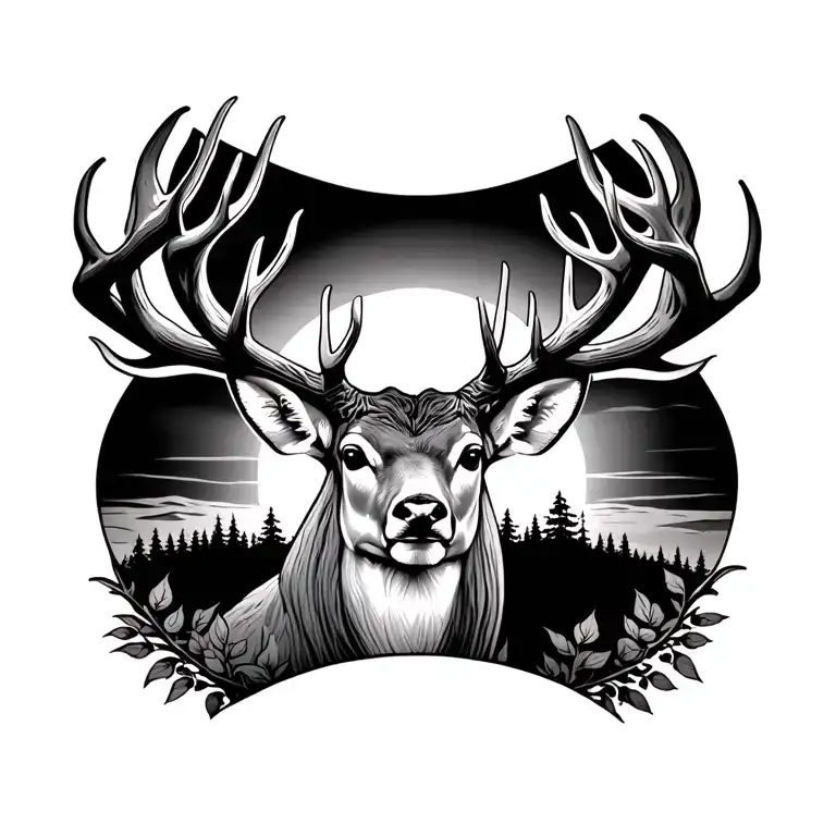 whitetail deer, god, sunrise integrated tattoo design idea