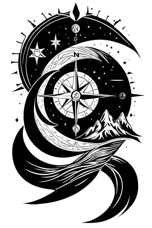 sun, moon, stars, mountain, sea, wind, fire, compass, tattoo design idea