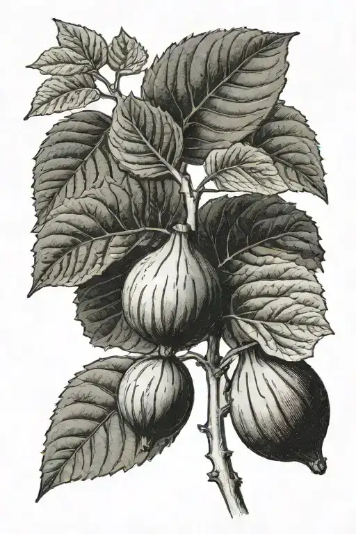 A branch of fig plant, with large, fleshy fig leaves and 2-3 figs tattoo design idea
