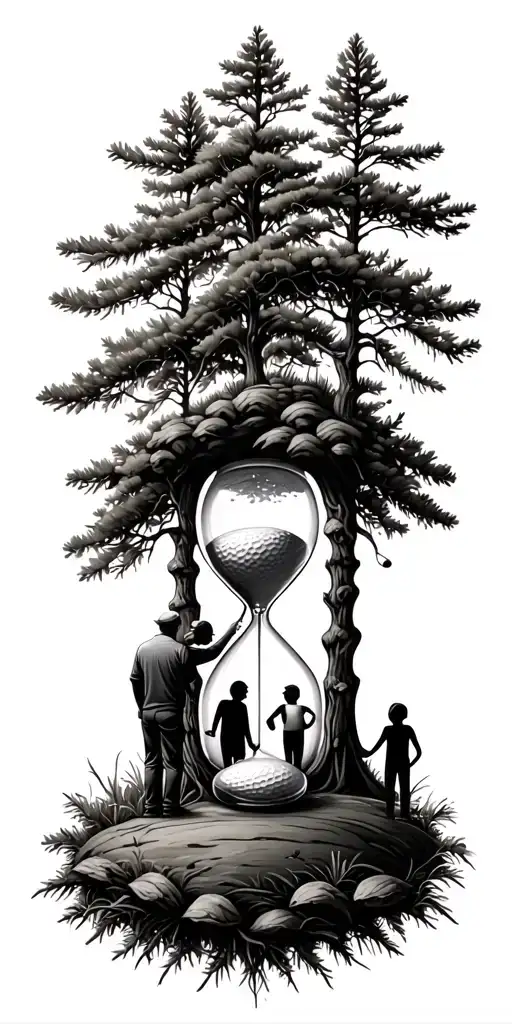 Pine forest wrap around and family tree and hour glass father with 3 kids and golf tattoo design idea