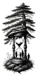 Pine forest wrap around and family tree and hour glass father with 3 kids and golf tattoo design idea