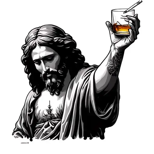 Jesus is depicted on the "wasted" poster with a cigarette in his right hand, a glass of whiskey in his right hand, tattoo design idea