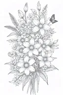daisies and daffodils bouquet with sprinkling of cherry blossoms, snow drops, violets, filler, stems tattoo design idea