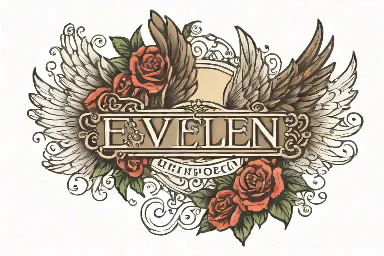 Evelyn name with wings spread tattoo design idea