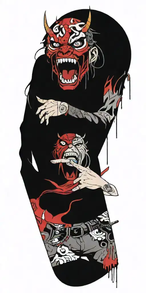 Anime character standing screaming wearing oni mask fighting off inner demons with miminmal black  tattoo design idea