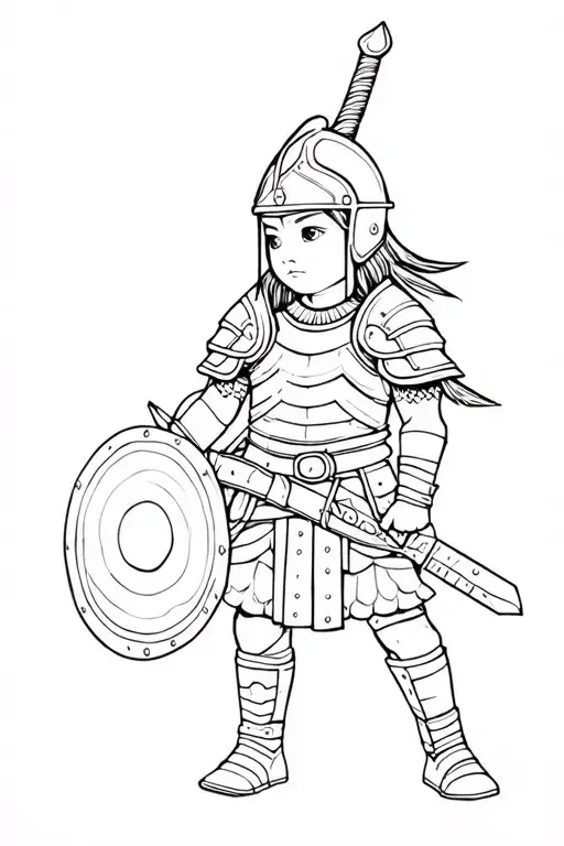 arm tattoo of an asian warrior child in full armour including helm, breastplate, sword,  shield, belt and shoes tattoo design idea