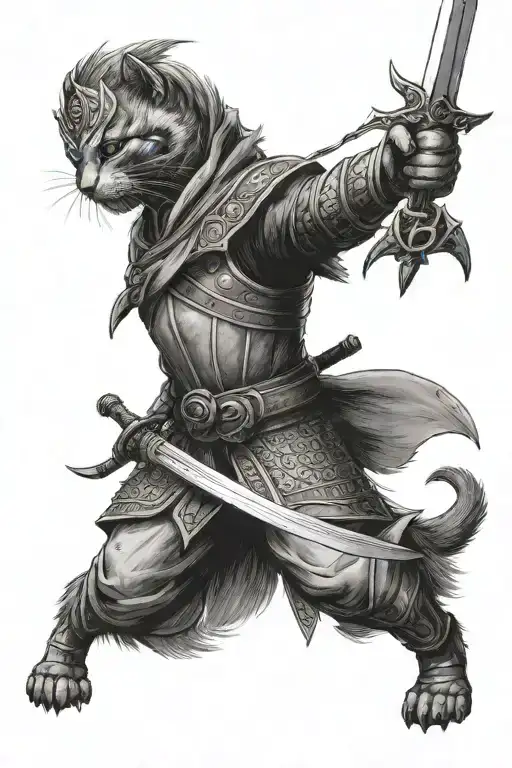 cat warrior wielding a sword khajit like skyrim inspired tattoo design idea