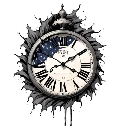 tattered flag, clock that shows 12:38 tattoo design idea
