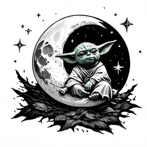 Baby Yoda moon surrounded by stars tattoo design idea