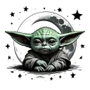 Baby Yoda moon surrounded by stars tattoo design idea