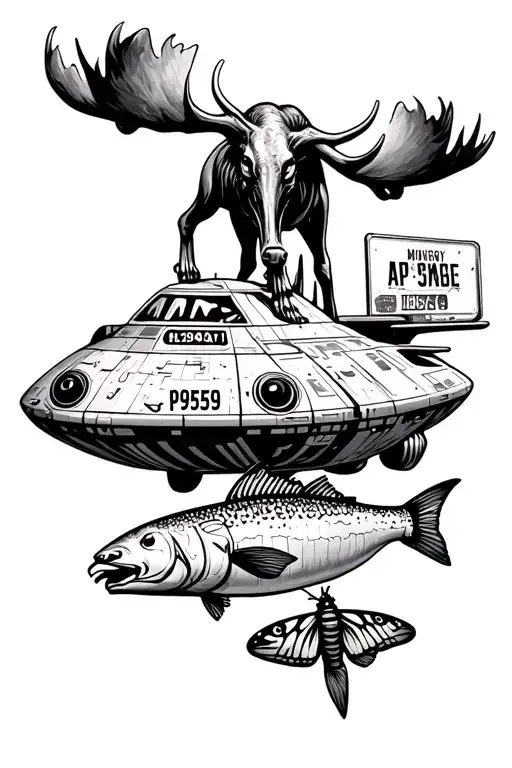spaceship with alien abducting a moose. spaceship has license plate saying "AP 99559". include a salmon, monarch liquor. tattoo design idea