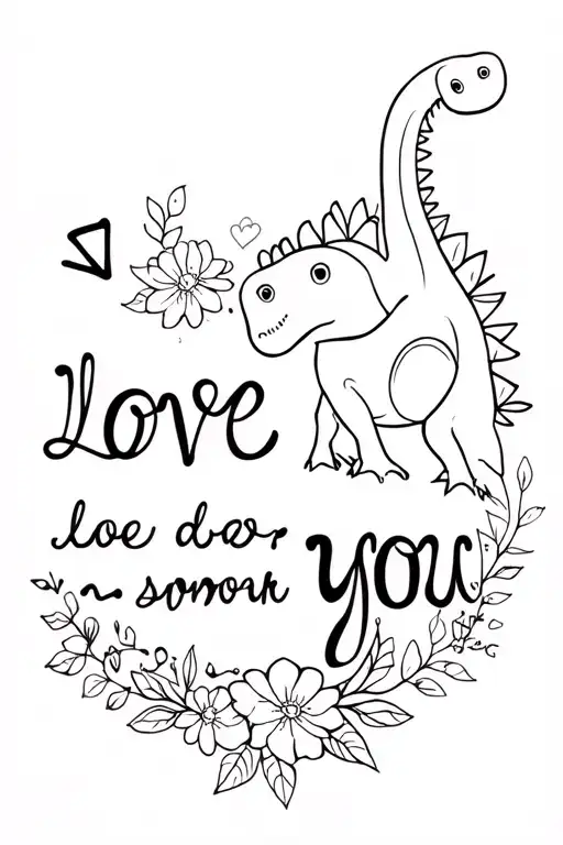 "I love you" dinosaur, mom and baby, floral patterns tattoo design idea