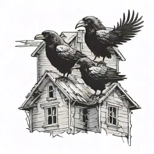 two black crows touching beaks above a big abandoned house tattoo design idea