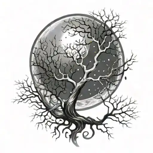 branchy tree of death moon stars sea tattoo design idea